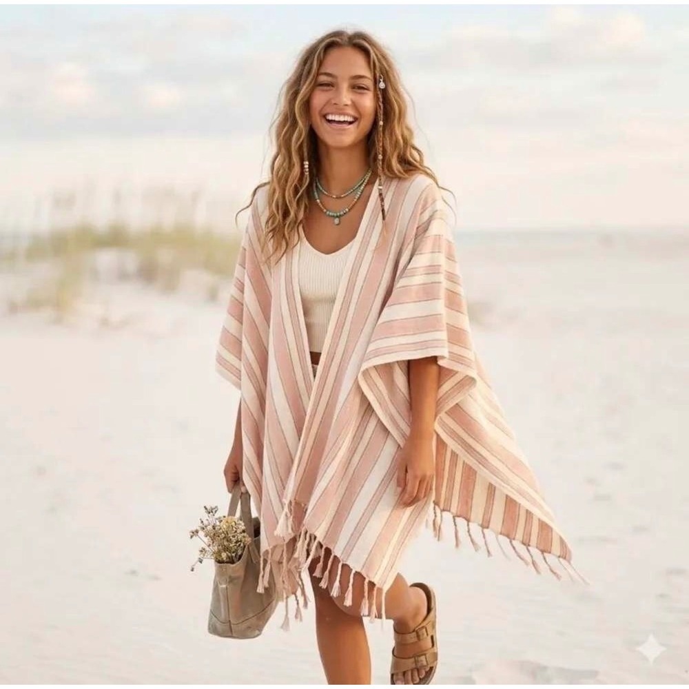 NWT Revolve Rays for Days Pink Stripe Cotton Kimono Coverup w/Tassel Fringe O/S